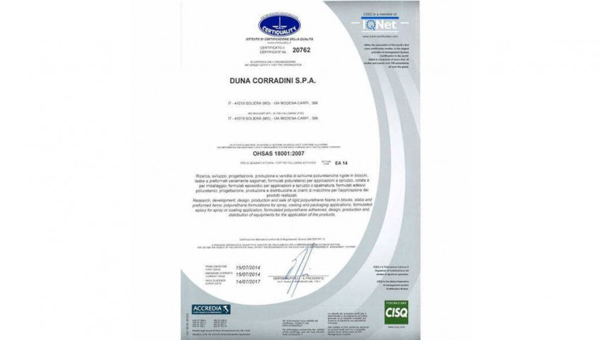 DUNA-Corradini obtains BS OHSAS 18001 certification.